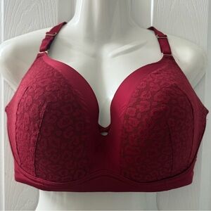 Torrid Curve 44DD Bra Wire Free Push Up Plunge Red Leopard Lace Mesh Back Smooth